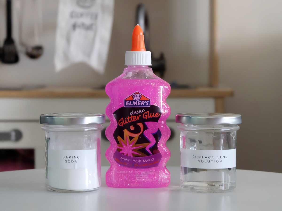 Mess-Free Glitter Slime with only 3 Ingredients: Baking Soda, Glitter Glue, Contact Lens Solution